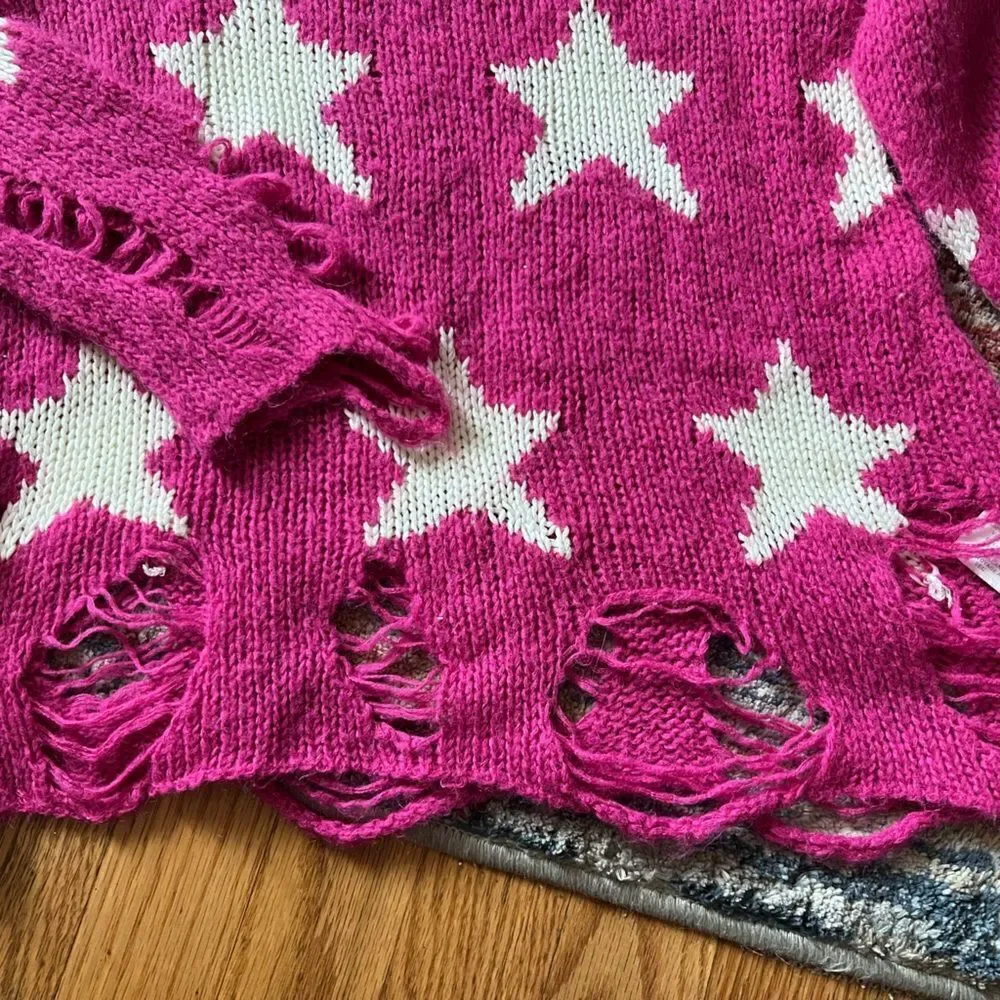 Girls long sleeve distressed knit sweater with stars